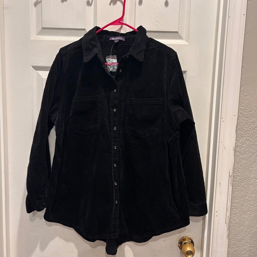 Roamans Womens 20W Black Corduroy Button Down Shirt Long Sleeve Plus Size Cotton